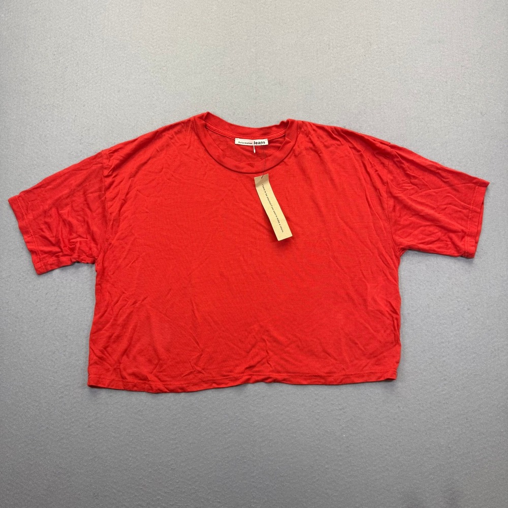 Reformation Jeans Womens‎ XS Red Tencel Lyocell Cropped Boxy T-Shirt Made in USA